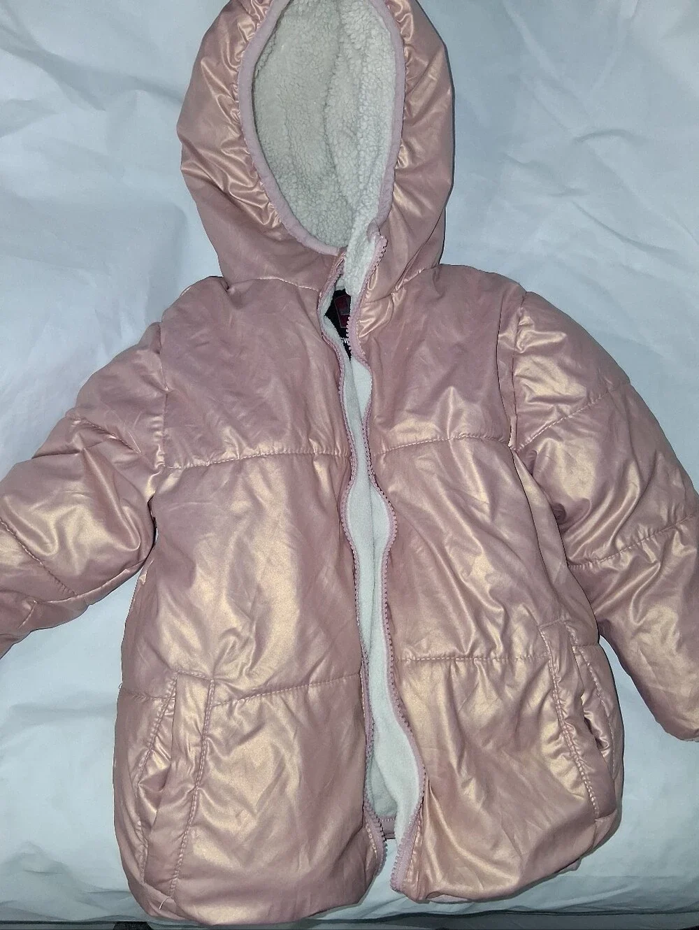 Size 5T Girls' Shiny Light Pink Hooded Puffer Coat